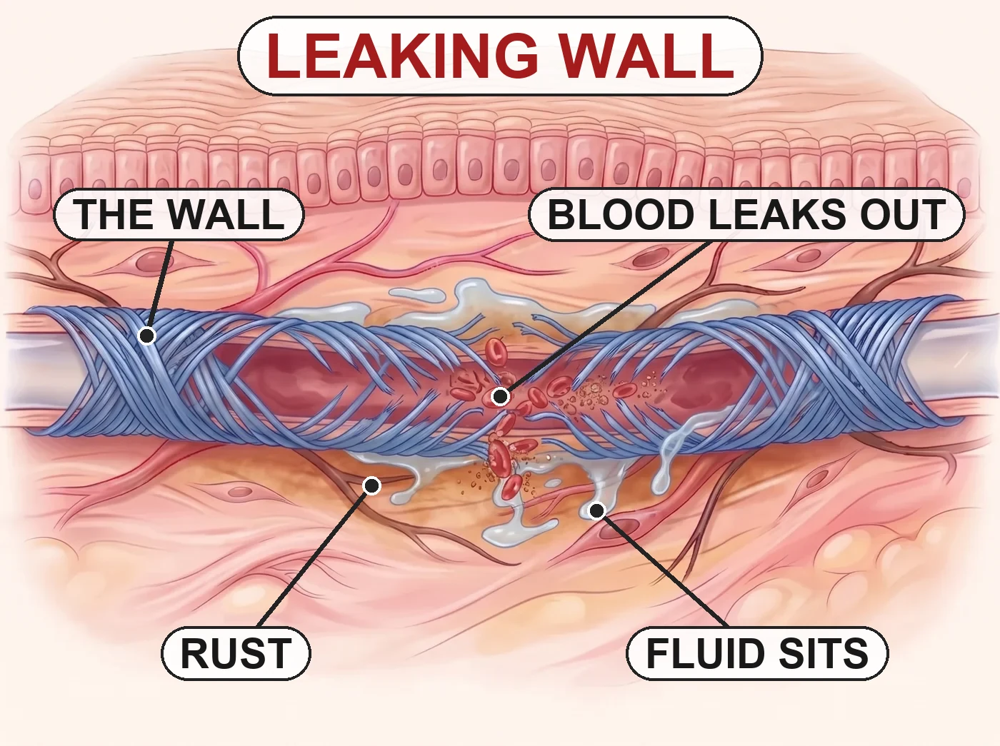 Leaking wall: blood leaks out through a soft vein wall, and the fluid sits and rusts in the skin.