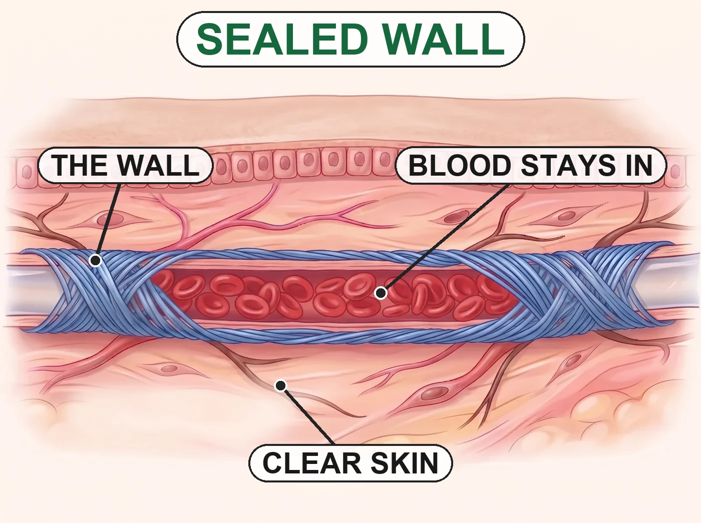 Sealed wall: the blood stays inside the vein and the skin stays clear.