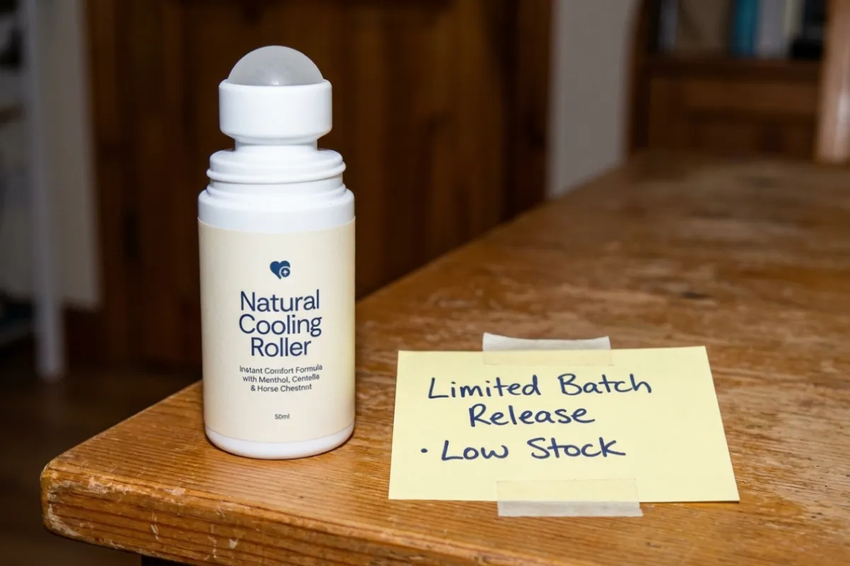 Bottle labeled 'Natural Cooling Roller' on a wooden table beside a sticky note reading 'Limited Batch Release, Low Stock.'
