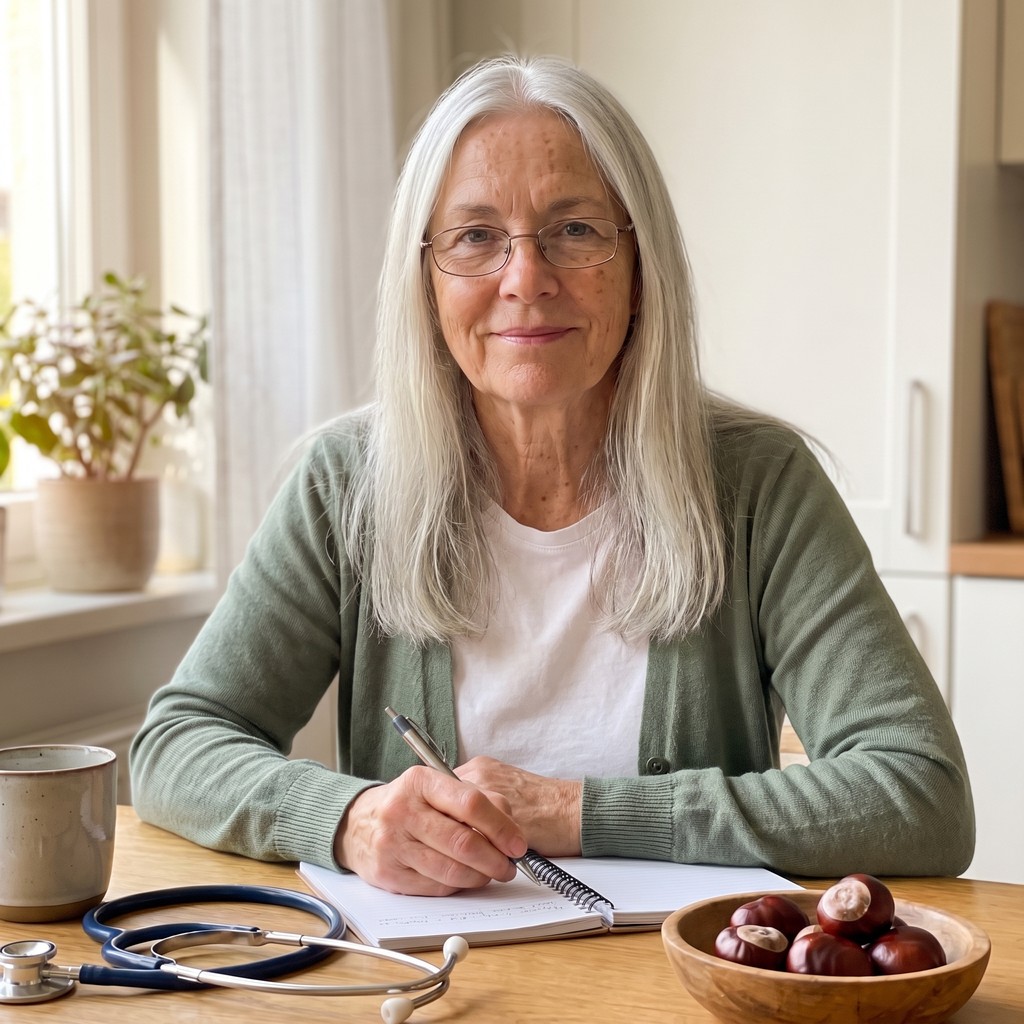 Susan, with long silver hair and reading glasses, writing notes at her kitchen table, a stethoscope and a bowl of horse chestnuts beside her.
