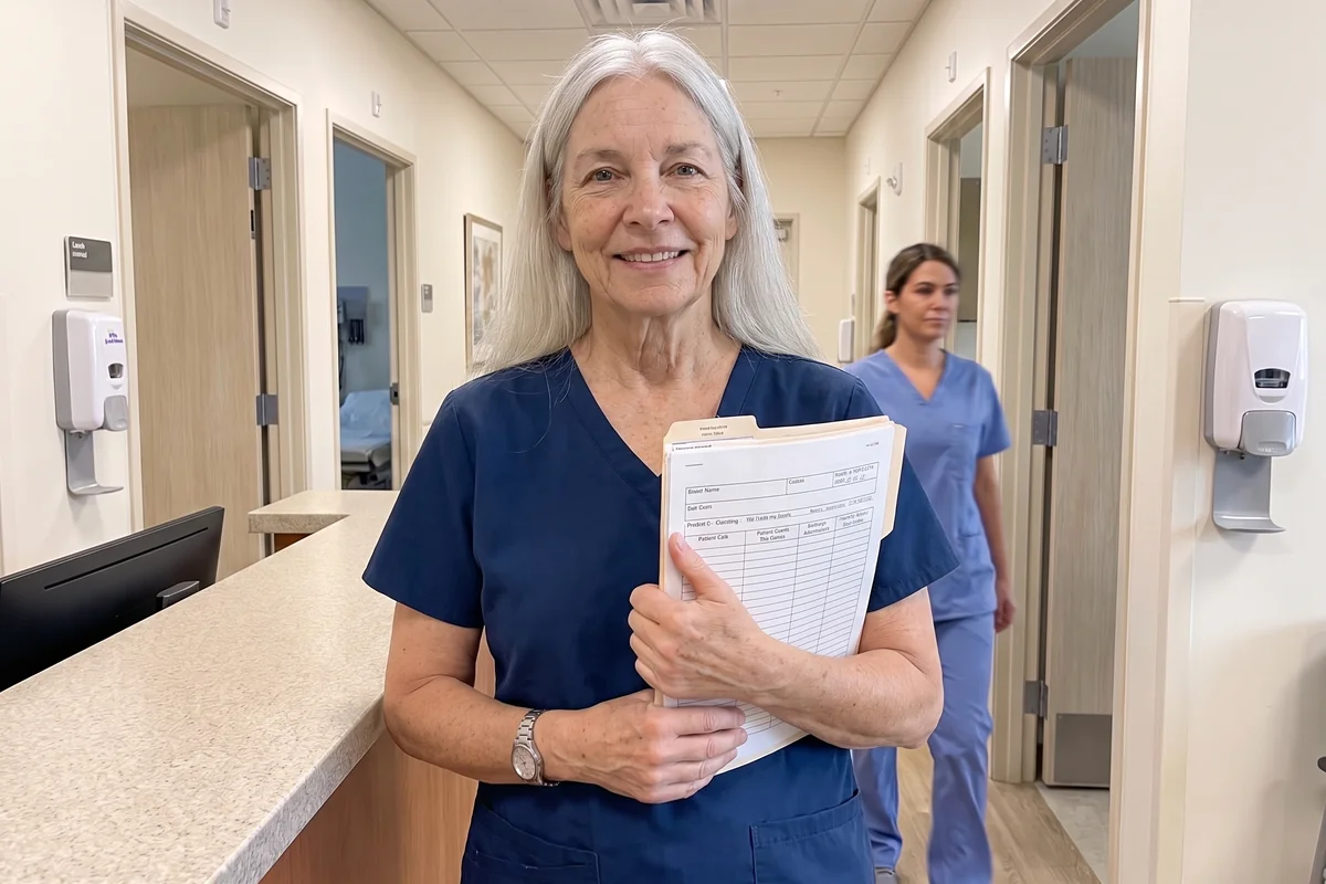 Susan in navy scrubs holding a patient chart in a clinic hallway, another nurse walking behind her.