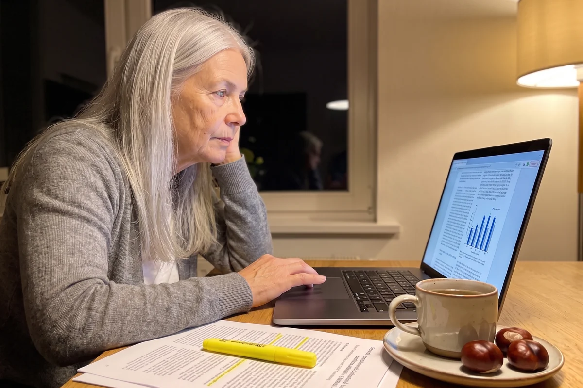 Susan reading a study on her laptop at a table covered in printed papers, a few horse chestnuts on a saucer beside her mug.