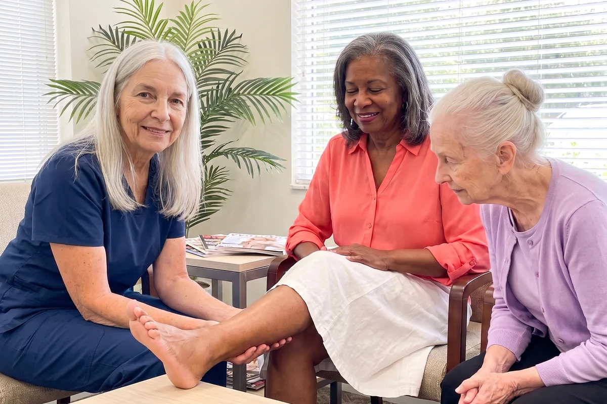 Susan, in navy scrubs, holding a smiling patient's bare foot in a waiting room while an older woman leans in to look.