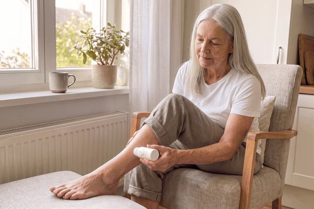 Susan in an armchair by the window rolling a roller bottle up her bare leg, then looking out the window and smiling.