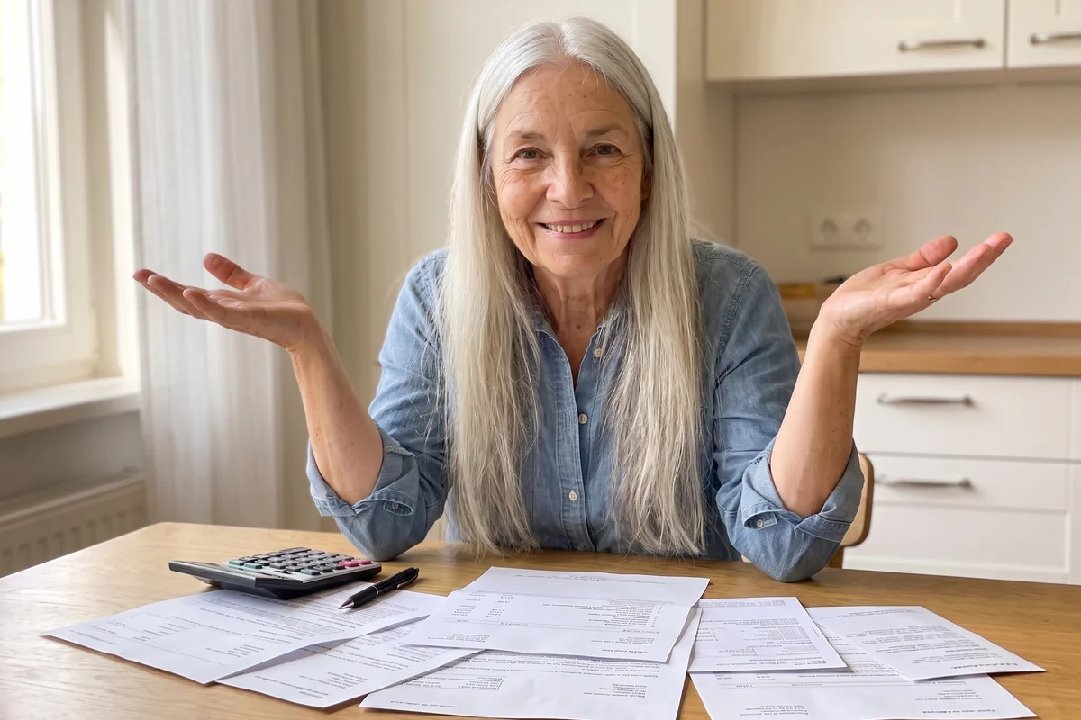 Susan at a kitchen table covered in medical bills and a calculator, hands raised in a shrug.