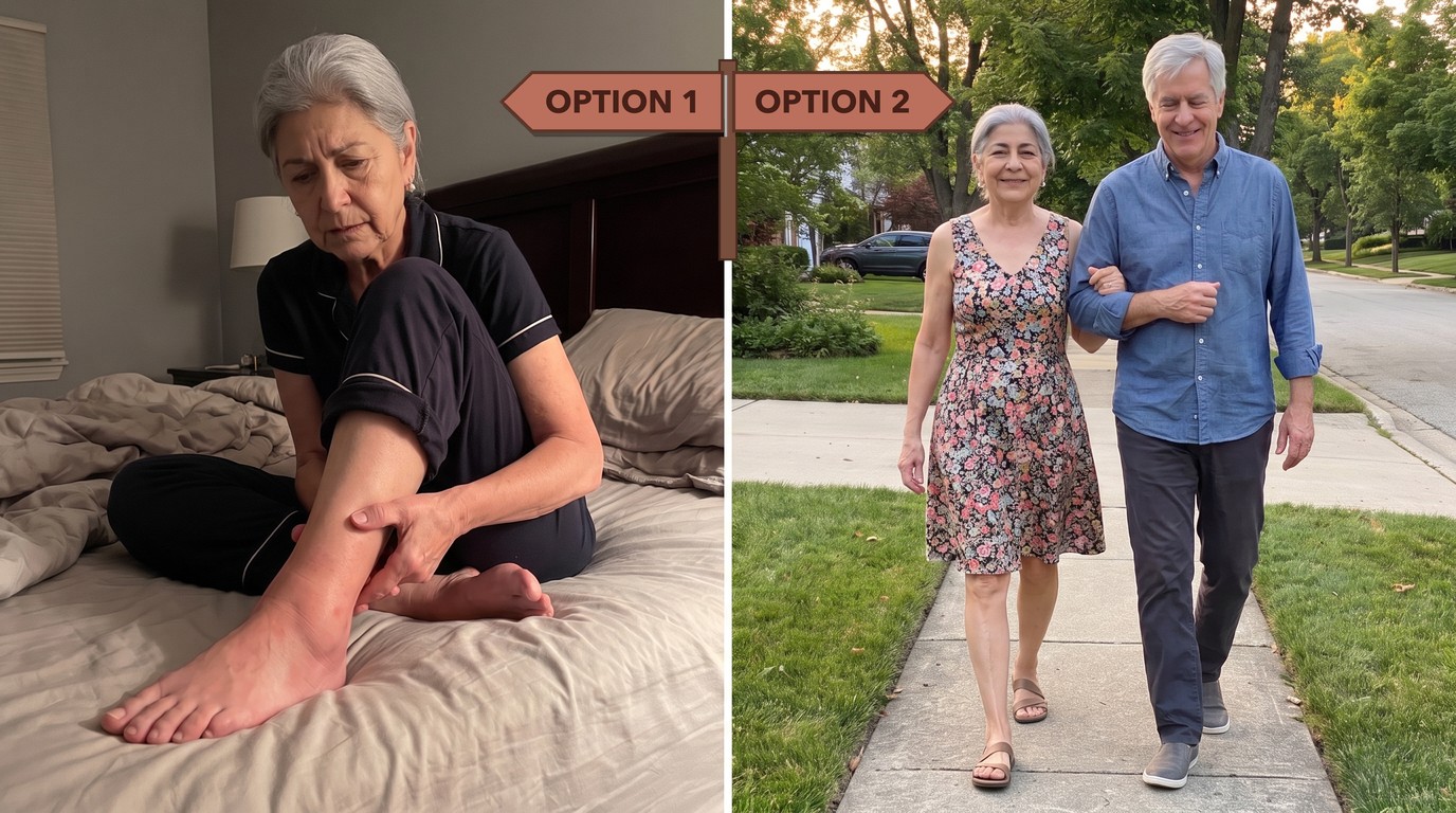 Two photos under signs reading 'Option 1' and 'Option 2': a woman on her bed holding her swollen ankle, and the same woman smiling on an evening walk with her husband.