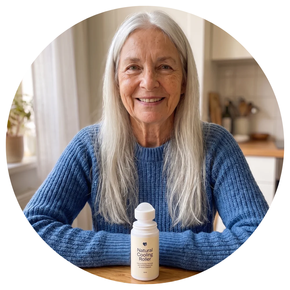 Susan Mitchell at her kitchen table, a bottle labeled 'Natural Cooling Roller' standing in front of her.
