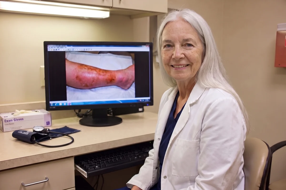 Susan, in a white coat over navy scrubs, beside a computer monitor that shows a photo of a red, swollen lower leg with brown stains.