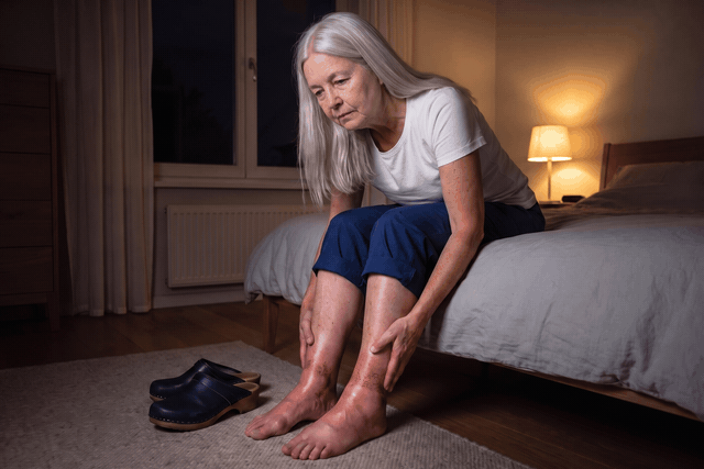 Susan sitting on the edge of her bed at night rubbing her red, swollen ankles, then covering her eyes with her hand.
