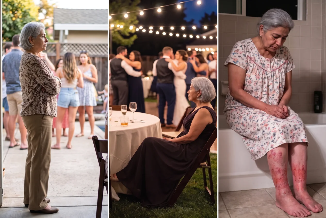 Three photos of the same older woman with short gray hair: standing apart in long pants at a backyard pool party, sitting alone at a wedding table while others dance, and sitting on the edge of her bathtub at night looking down at her red, blotchy, swollen legs.