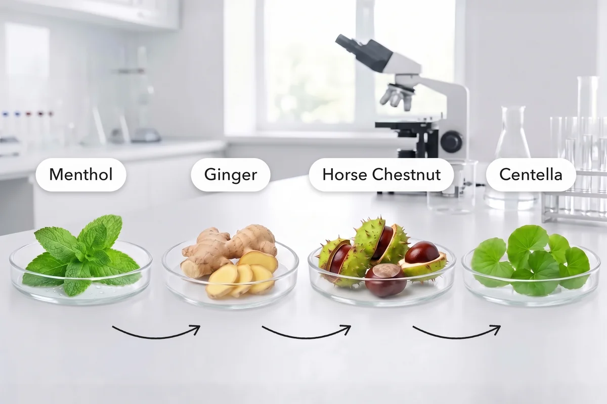 Four glass dishes in a row on a white lab counter, labeled Menthol, Ginger, Horse Chestnut and Centella, with arrows leading from one to the next.