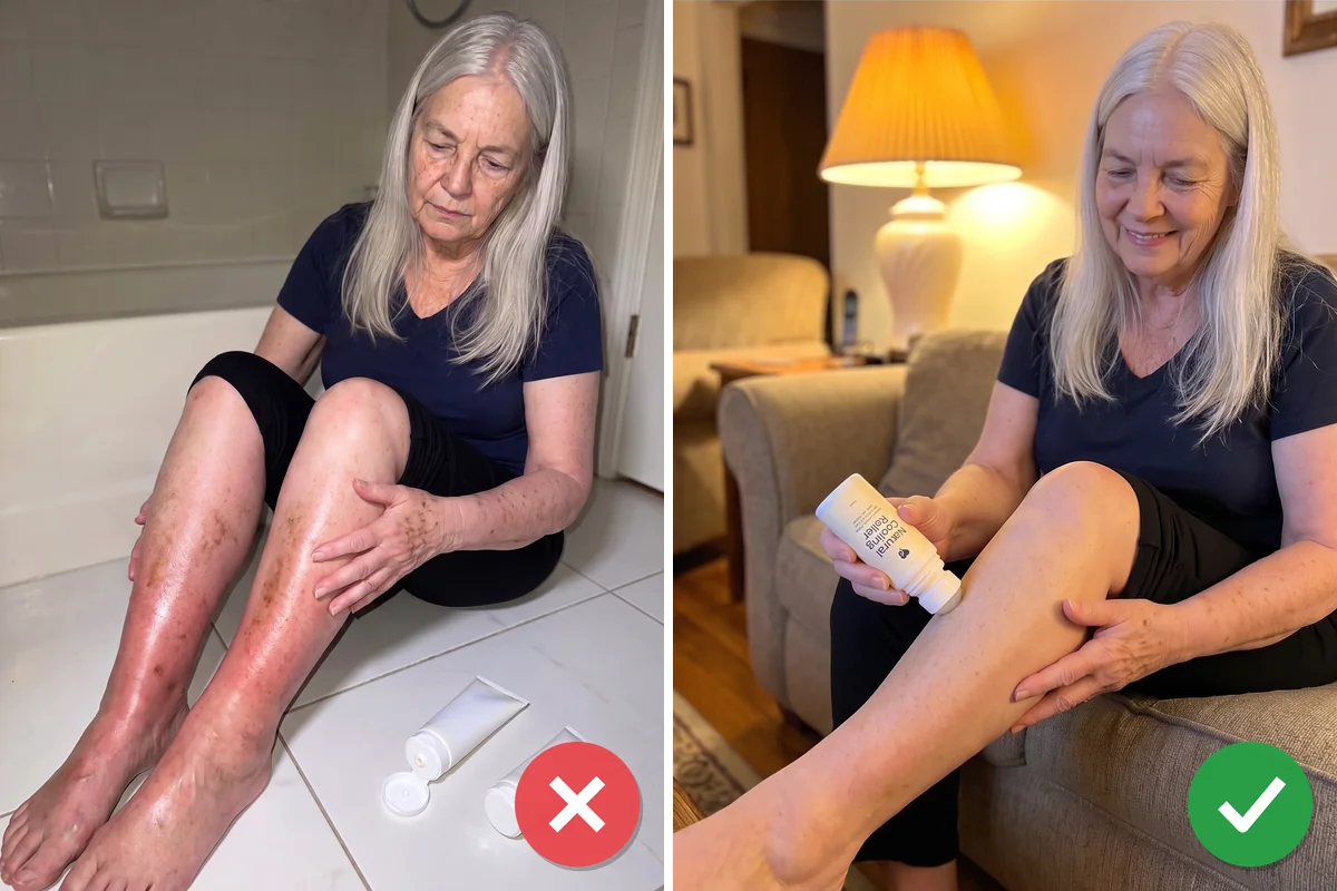 Before-and-after split photo: a red X over Susan sitting on her bathroom floor with red, swollen, stained legs and two cream tubes beside her, and a green check over Susan smiling as she rolls a roller bottle up her leg on the couch.