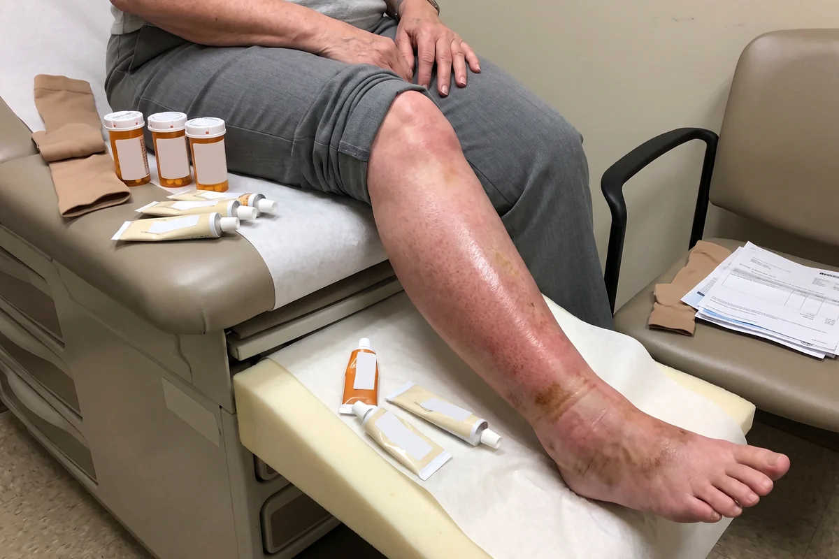 Red, swollen legs with brown stains on an exam table, next to pill bottles, compression stockings, cream tubes and medical bills.