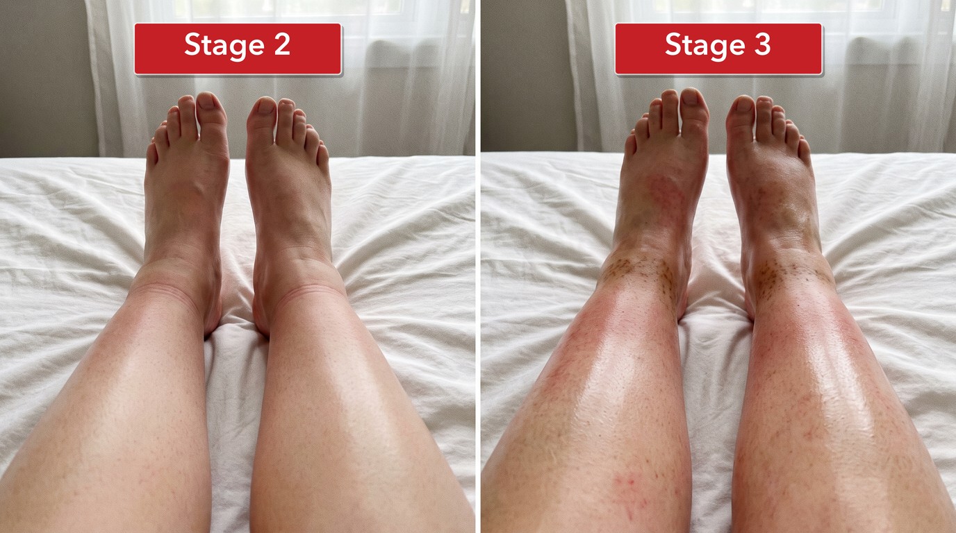 Two photos of the same legs and feet on a bed, labeled 'Stage 2' and 'Stage 3,' the second redder with brown stains around the ankles.