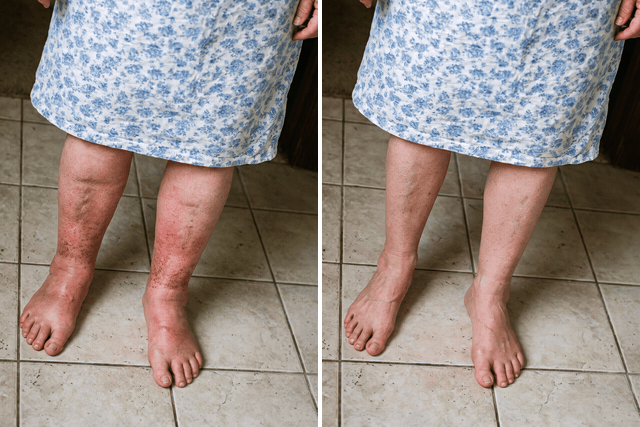 Before and after: red, swollen legs with brown stains under a floral nightgown, then the same legs slimmer and an even color, the ankle bones showing, with a red arrow between them.