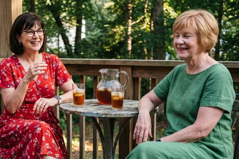 Two older women laughing together on a porch with glasses of iced tea.
