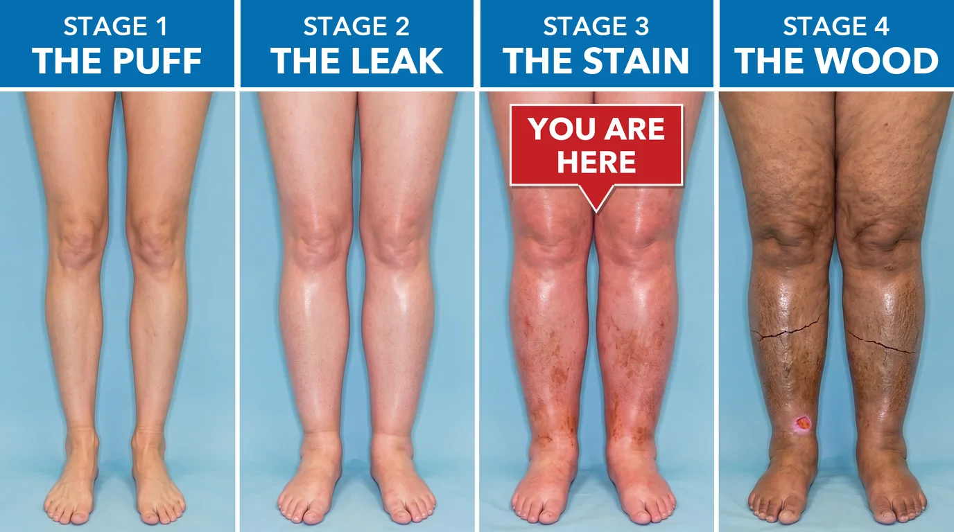The four stages on a blue background, labeled Stage 1 The Puff, Stage 2 The Leak, Stage 3 The Stain and Stage 4 The Wood: normal legs, then swollen, then red with brown stains under a 'You are here' tag, then dark, hard skin with cracks and an open sore above the ankle.