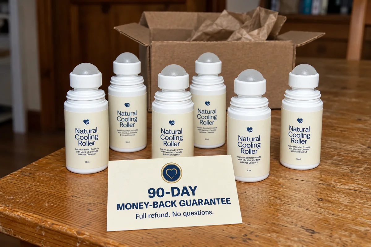 Six Natural Cooling Rollers on a worn wooden kitchen table in front of an opened shipping box, with a printed card reading '90-Day Money-Back Guarantee. Full refund. No questions.'