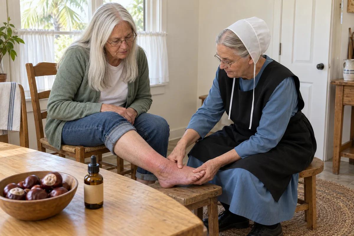 In her plain Pinecraft kitchen, Naomi, an Amish grandmother in a white head covering, presses her thumb into Susan's swollen, red ankle. A small brown bottle and a bowl of horse chestnuts sit on the table in front.