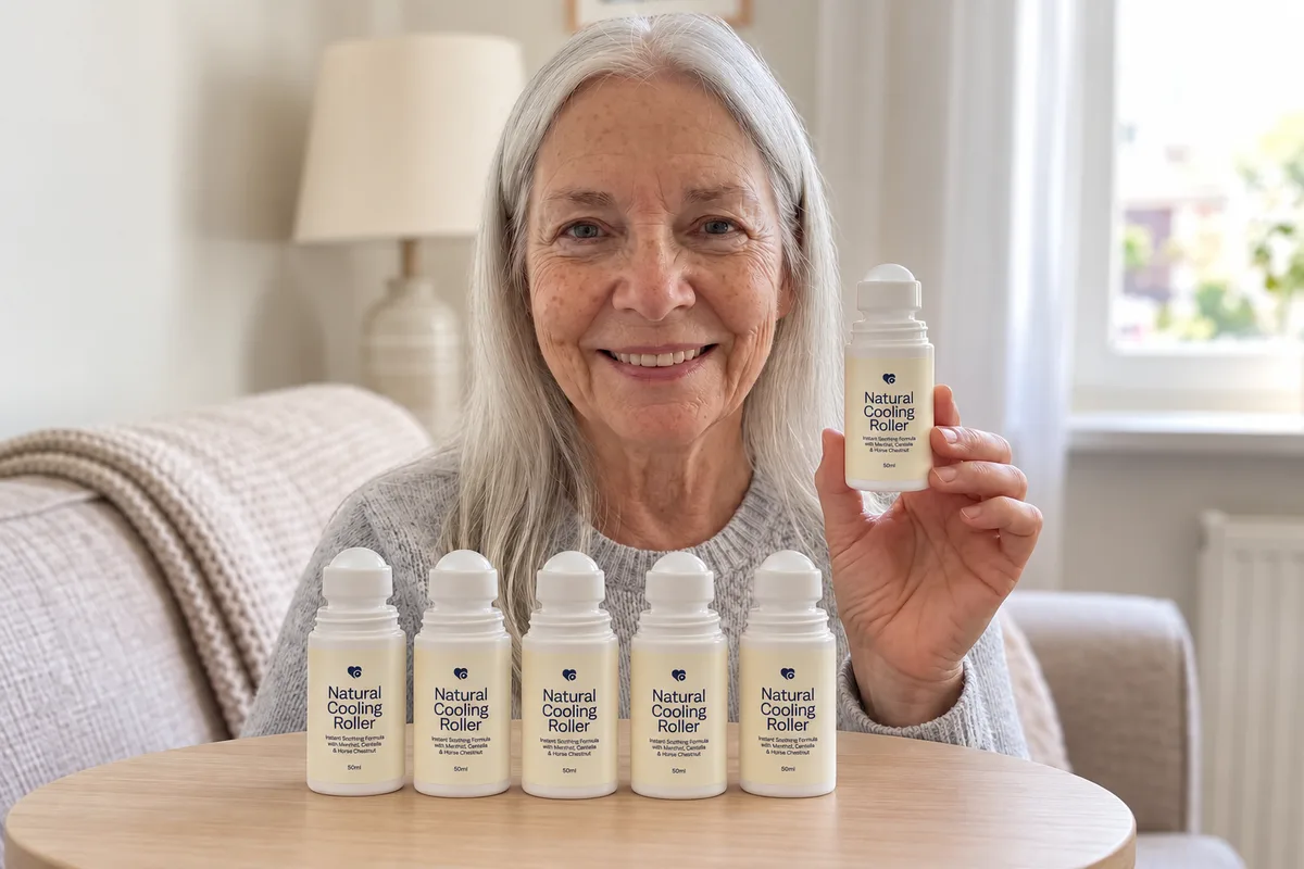 Smiling Susan holding up one Natural Cooling Roller, with five more lined up on the table in front of her.